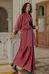 Buy_Mimamsaa_Maroon Satin Silk Embroidery Open Handwoven Striped Jacket  _at_Aza_Fashions