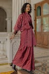 Mimamsaa_Maroon Satin Silk Embroidery Open Handwoven Striped Jacket  _Online_at_Aza_Fashions