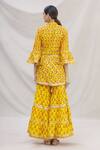 Shop_Kunwarani Ritu_Yellow Cotton Mandarin Collar Floral Motif Peplum Kurta Set _at_Aza_Fashions