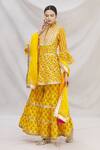 Kunwarani Ritu_Yellow Cotton Mandarin Collar Floral Motif Peplum Kurta Set _Online_at_Aza_Fashions
