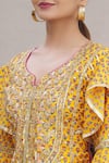 Kunwaraniritu_Yellow Cotton Embroidery Notched Floral Motif Kurta Lehenga Set  _at_Aza_Fashions