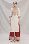 Buy_Kunwarani Ritu_White Georgette Embroidery Mandarin Collar Kurta And Pant Set  _Online_at_Aza_Fashions