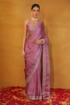 Buy_Esha Koul_Purple Organza Embroidery V Neck Saree With Blouse _Online_at_Aza_Fashions