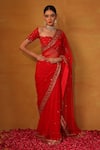 Buy_Esha Koul_Red Net Embroidery Sweetheart Neck Saree With Blouse _at_Aza_Fashions