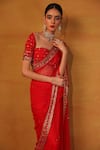 Shop_Esha Koul_Red Net Embroidery Sweetheart Neck Saree With Blouse _at_Aza_Fashions