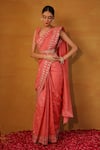 Buy_Esha Koul_Peach Chanderi Embroidery V Neck Saree With Blouse _at_Aza_Fashions