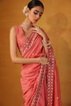 Buy_Esha Koul_Peach Chanderi Embroidery V Neck Saree With Blouse _Online_at_Aza_Fashions