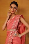 Esha Koul_Peach Chanderi Embroidery V Neck Saree With Blouse _at_Aza_Fashions