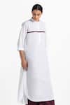 Buy_Three_White Cotton Poplin Mandarin Collar Pleated Tunic And Flared Pant Set_Online_at_Aza_Fashions