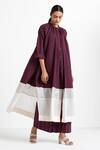 Buy_Three_Maroon Cotton Poplin Embroidery Band Collar Panelled Gathered Tunic  _at_Aza_Fashions