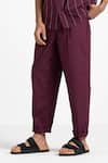 THREE_Maroon Cotton Poplin Front Pleated Pant  _Online_at_Aza_Fashions