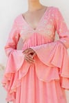 Shruti Sancheti_Pink Dobby Weave Embroidery V Neck Striped Maxi Dress  _Online_at_Aza_Fashions