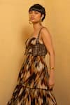 Nikita Mhaisalkar_Brown Georgette Sweetheart Neck Printed Tube Tunic _at_Aza_Fashions