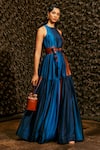 Nikita Mhaisalkar_Blue Chanderi Embroidery Halter Gown _Online_at_Aza_Fashions