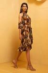 Nikita Mhaisalkar Brown Double Georgette Halter Cold Shoulder Printed Dress Online at Aza Fashions Nikita Mhaisalkar_Brown Double Georgette Halter Cold Shoulder Printed Dress _Online_at_Aza_Fashions