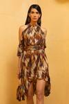 Buy Nikita Mhaisalkar Brown Double Georgette Halter Cold Shoulder Printed Dress Online at Aza Fashions Buy_Nikita Mhaisalkar_Brown Double Georgette Halter Cold Shoulder Printed Dress _Online_at_Aza_Fashions