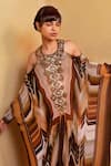 Buy_Nikita Mhaisalkar_Brown Georgette Embroidery Round Cold Shoulder Printed Kaftan _Online_at_Aza_Fashions