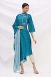 Buy_17:17 by Simmi Saboo_Blue Cotton Silk Embroidery Stand Collar Draped Kaftan Kurta _at_Aza_Fashions