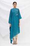 Buy_17:17 by Simmi Saboo_Blue Cotton Silk Embroidery Stand Collar Draped Kaftan Kurta _Online_at_Aza_Fashions