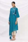 Shop_17:17 by Simmi Saboo_Blue Cotton Silk Embroidery Stand Collar Draped Kaftan Kurta _Online_at_Aza_Fashions