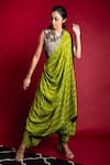 Buy_Nupur Kanoi_Green Crepe Embroidery V Neck Draped Saree With Blouse  _Online_at_Aza_Fashions