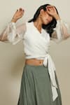 Shiori_White Silk Organza, Cotton Georgette V Neck Draped Wrap Top_Online_at_Aza_Fashions