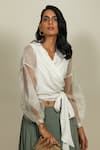 Shop_Shiori_White Silk Organza, Cotton Georgette V Neck Draped Wrap Top_Online_at_Aza_Fashions