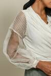 Shiori_White Silk Organza, Cotton Georgette V Neck Draped Wrap Top_at_Aza_Fashions