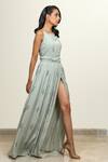 Shiori_Green Cotton Georgette Embroidery Boat Printed Dress _Online_at_Aza_Fashions