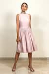 Buy_Shiori_Peach Cotton Embroidery High Neck Gathered Dress _at_Aza_Fashions
