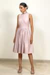 Shiori_Peach Cotton Embroidery High Neck Gathered Dress _Online_at_Aza_Fashions
