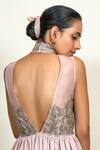 Shop_Shiori_Peach Cotton Embroidery High Neck Gathered Dress _Online_at_Aza_Fashions