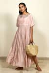 Buy_Shiori_Peach Cotton Silk Embroidery Boat Gathered Dress _Online_at_Aza_Fashions