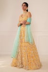 Mani Bhatia_Yellow Net Embroidery Leaf Neck Bridal Lehenga Set _Online_at_Aza_Fashions