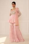 Buy_Mani Bhatia_Pink Net, Cotton Silk Sweetheart Neck Embroidered Sharara Set _at_Aza_Fashions