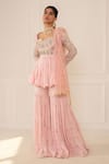 Mani Bhatia_Pink Net, Cotton Silk Sweetheart Neck Embroidered Sharara Set _Online_at_Aza_Fashions