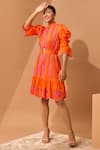 Vidhi Wadhwani_Orange Cotton Embroidery Mandarin Collar Lace Applique Dress _Online_at_Aza_Fashions