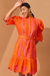 Buy_Vidhi Wadhwani_Orange Cotton Embroidery Mandarin Collar Lace Applique Dress _Online_at_Aza_Fashions