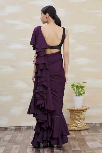 Shop_Kommal Sood_Purple Crepe Blend Ruffle Saree  _at_Aza_Fashions