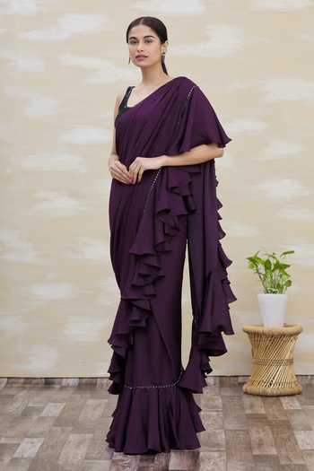 Buy_Kommal Sood_Purple Crepe Blend Ruffle Saree  _Online_at_Aza_Fashions