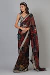 Geisha Designs_Maroon Printed V Neck Embroidered Saree With Blouse  _Online_at_Aza_Fashions