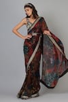 Shop_Geisha Designs_Maroon Printed V Neck Embroidered Saree With Blouse  _Online_at_Aza_Fashions