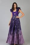 Geisha Designs_Purple Embroidery V Neck Ombre Sequins Gown  _Online_at_Aza_Fashions