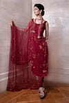 Buy_Labbada_Maroon Kurta Satin Velvet Churidar Powder Net Dupatta Organza Set _at_Aza_Fashions