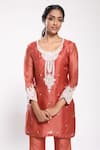 Stotram_Brown Kurta And Dupatta Organza Pant Crepe Embroidery Round Set _Online_at_Aza_Fashions