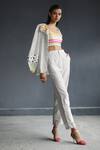 Rajiramniq_White Cotton Silk Embroidery Bustier Bandeau Jacket Lapel Printed And Pant Set _Online_at_Aza_Fashions