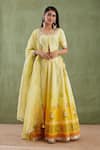 Buy_Abbaran_Yellow Chanderi Dupatta Banarasi Embroidery U Printed Lehenga Set _at_Aza_Fashions