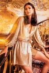Buy_House Of Eda_Gold Polyester Sequin Wrap Dress_at_Aza_Fashions