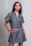 Buy_Chillosophy_Grey Tencel Denim Embroidery Mandarin Collar Slim-fit Shirt Dress  _Online_at_Aza_Fashions