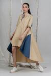 Chillosophy_Beige Poplin Embroidery Mandarin Collar Colorblock Dress  _Online_at_Aza_Fashions